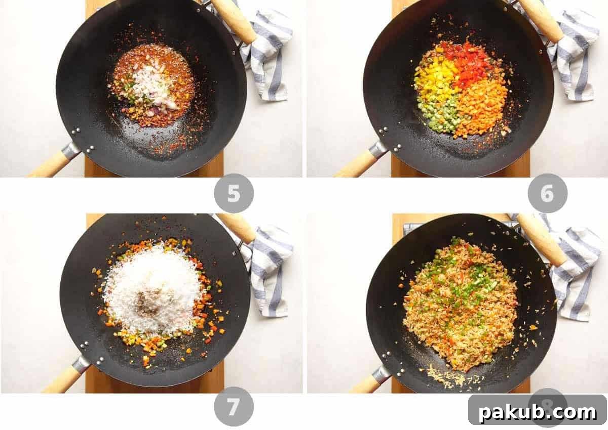Fiery Garlic Fried Rice 5 A four-panel step-by-step collage illustrating the stir-frying process of chilli garlic fried rice: adding aromatics, vegetables, rice, and final seasoning before garnishing.