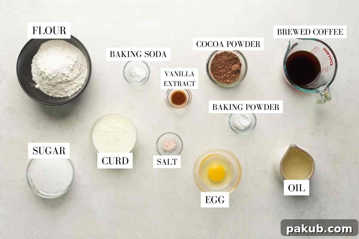 A vibrant flat lay image showcasing all the key ingredients needed for making a one-bowl chocolate cake, neatly arranged for easy viewing.