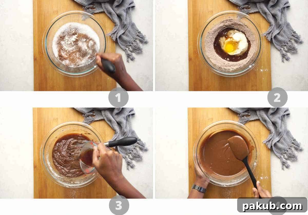 A visual collage showing the first four steps of making a one-bowl chocolate cake, from mixing dry ingredients to adding wet ingredients and coffee.