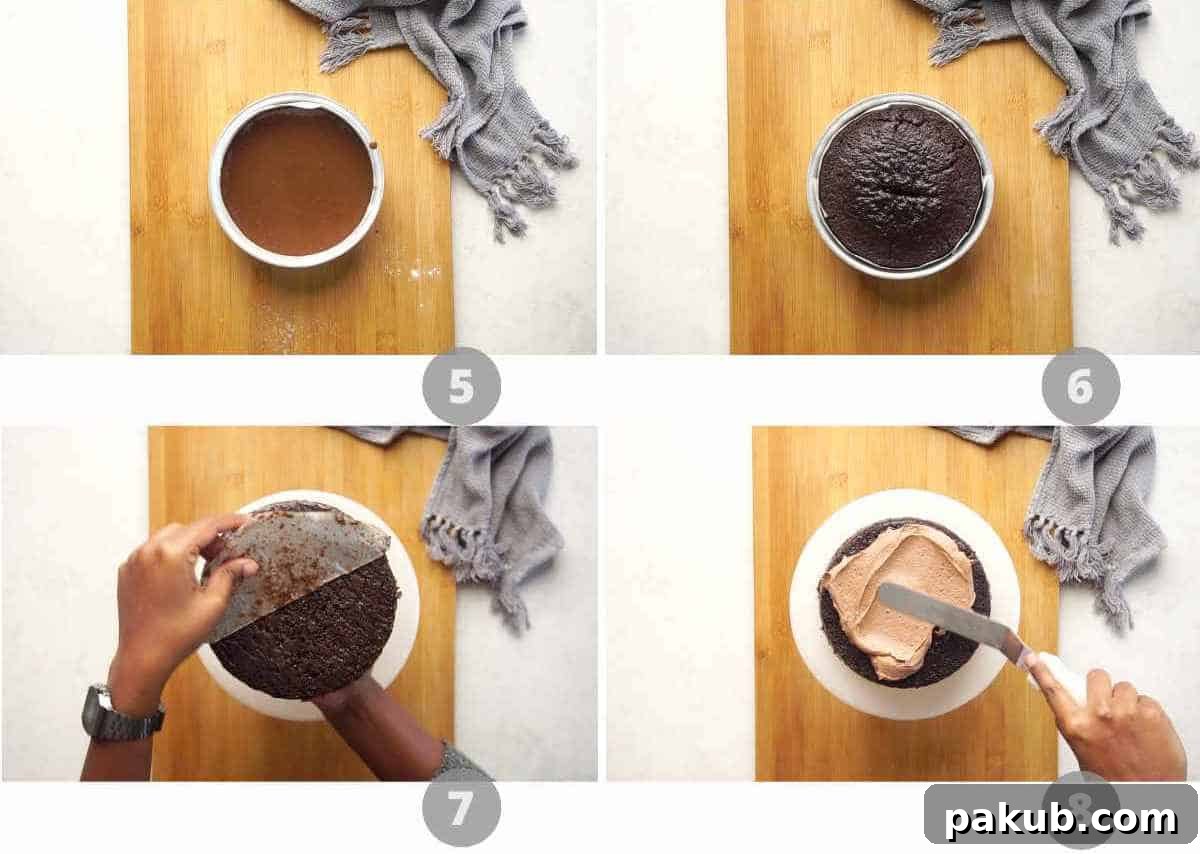 A visual collage illustrating the final steps of making a one-bowl chocolate cake: pouring batter into a pan, baking, cooling, and the finished frosted cake.