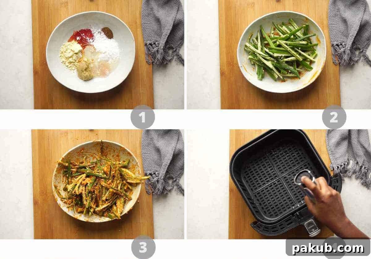 Crispy Air Fryer Okra 5 Step-by-step images illustrating the process of making air fryer kurkuri bhindi, from preparation to coating.