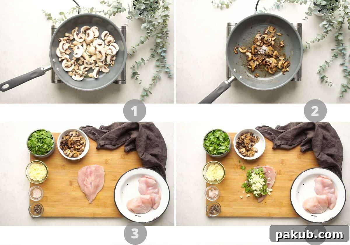 Golden Air Fryer Stuffed Chicken Breasts 5 A four-panel step-by-step picture collage demonstrating the initial steps of preparing stuffed chicken breast filling and butterflying the chicken.