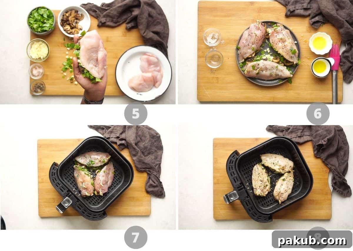 Golden Air Fryer Stuffed Chicken Breasts 6 A four-panel step-by-step picture collage demonstrating the final steps of stuffing, securing, seasoning, and air frying the chicken breasts.
