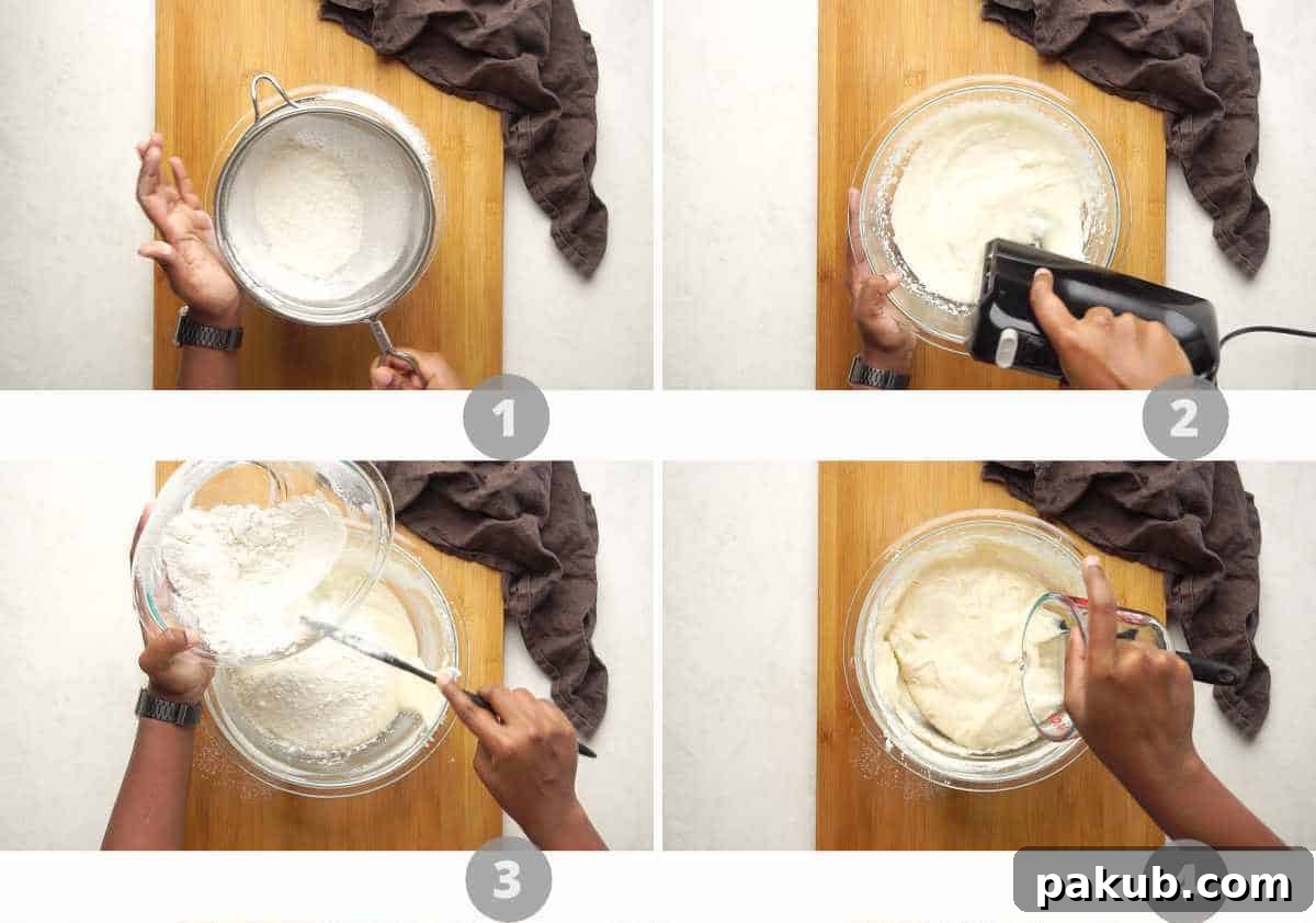 Effortless Air Fryer Vanilla Sponge Perfectly Egg-Free 5 A four-panel step-by-step picture collage illustrating the initial stages of preparing the batter for the air fryer vanilla cake, including sieving dry ingredients, mixing wet ingredients, and combining them.