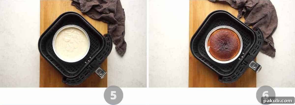 Effortless Air Fryer Vanilla Sponge Perfectly Egg-Free 6 A two-panel step-by-step picture collage showing the air fryer vanilla cake batter in a baking pan, ready to bake, and the perfectly golden-brown baked cake cooling after being removed from the air fryer.