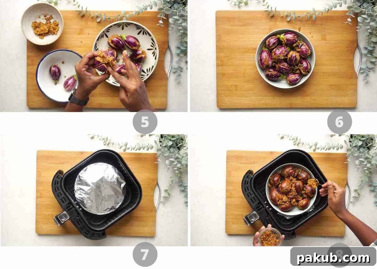 Flavorful Air Fryer Stuffed Eggplant 5 Step by step picture collage showing how to make stuffed brinjal