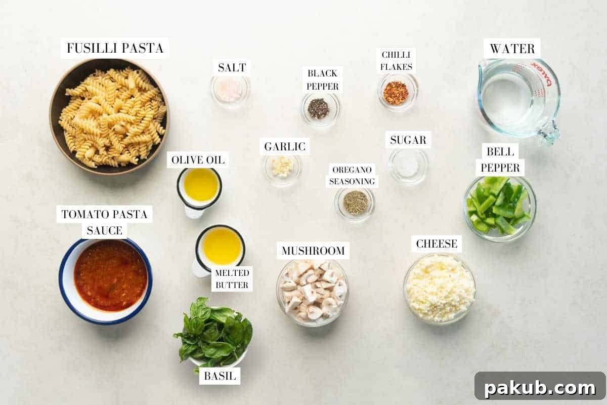 No-Boil Air Fryer Pasta Bake 3 Picture of all the ingredients required for the air fryer baked pasta with text to identify them