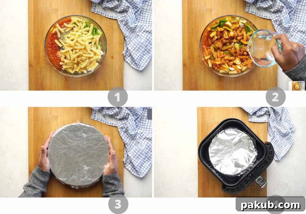 No-Boil Air Fryer Pasta Bake 4 Step by step picture collage showing how to make air fryer baked pasta