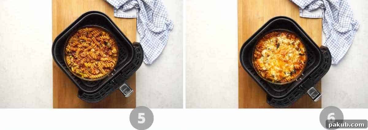 No-Boil Air Fryer Pasta Bake 5 Step by step picture collage showing how to make air fryer baked pasta