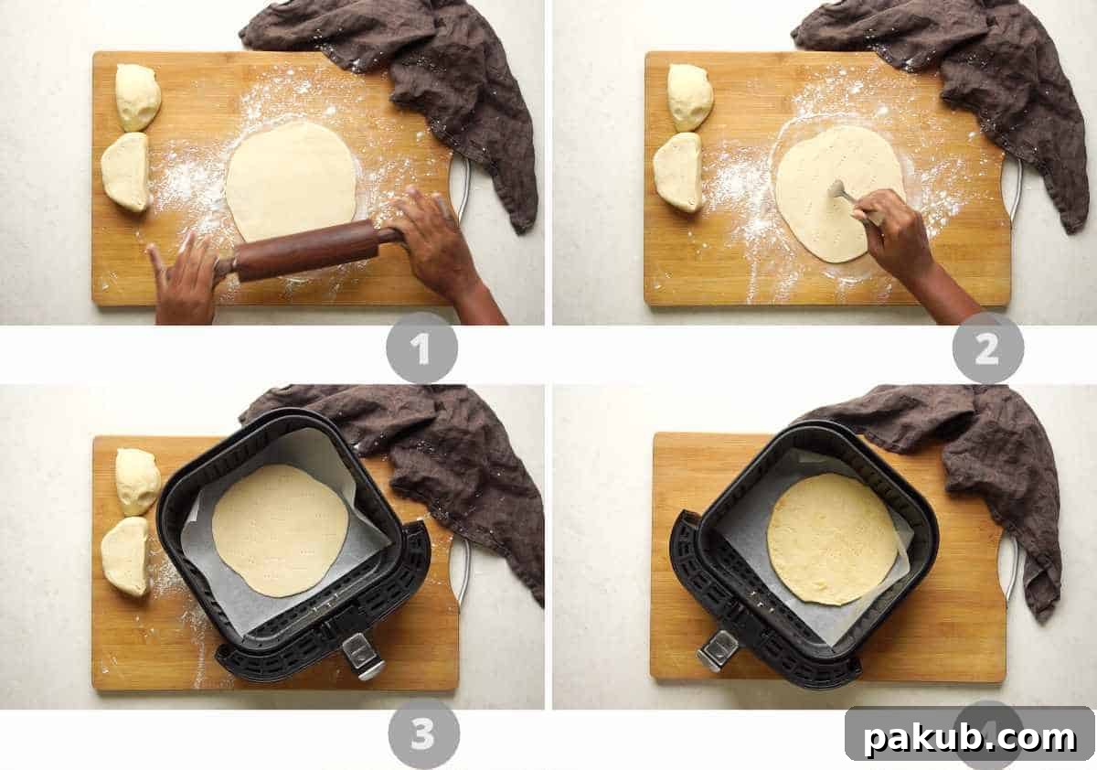 Quick Yeast-Free Air Fryer Pizza 4 A step-by-step collage illustrating the initial stages of making air fryer pizza, from rolling out no-yeast dough to pricking it and placing it on parchment paper.