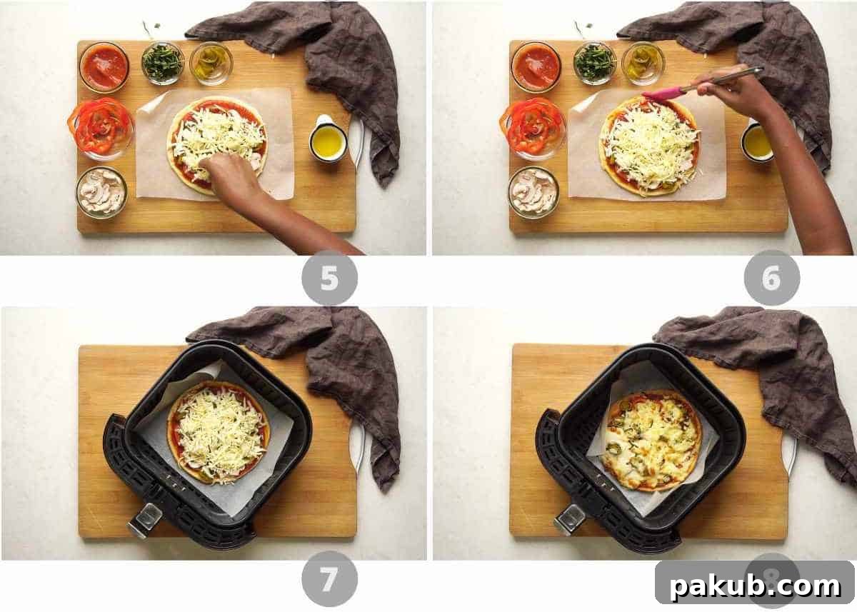 Quick Yeast-Free Air Fryer Pizza 5 A step-by-step collage detailing the assembly and final cooking stages of air fryer pizza, showing sauce, toppings, cheese, and the olive oil brushed crust before air frying.