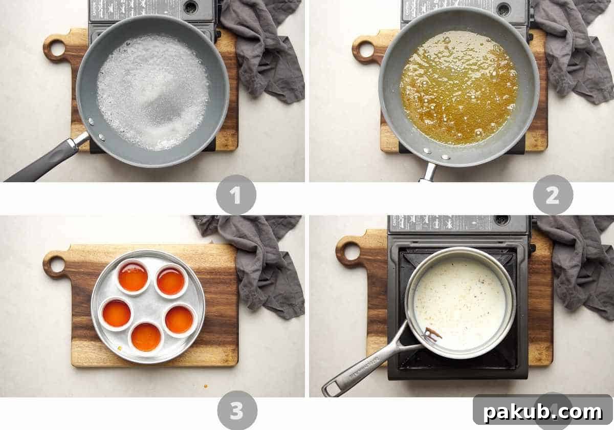 Luscious Caramel Flan 4 A step-by-step picture collage demonstrating the initial stages of making caramel custard, from preparing the caramel to heating the milk.