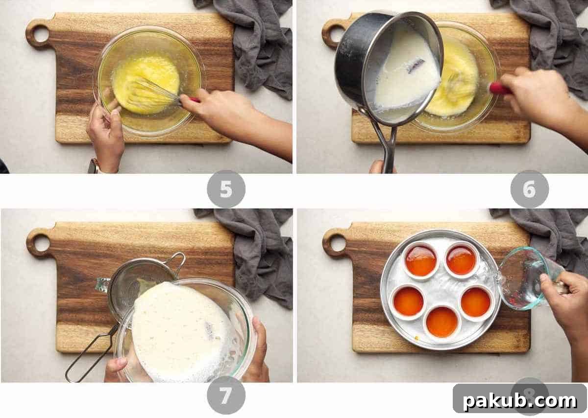 Luscious Caramel Flan 5 A second step-by-step picture collage illustrating the preparation of the custard mixture, including tempering eggs and straining the custard.