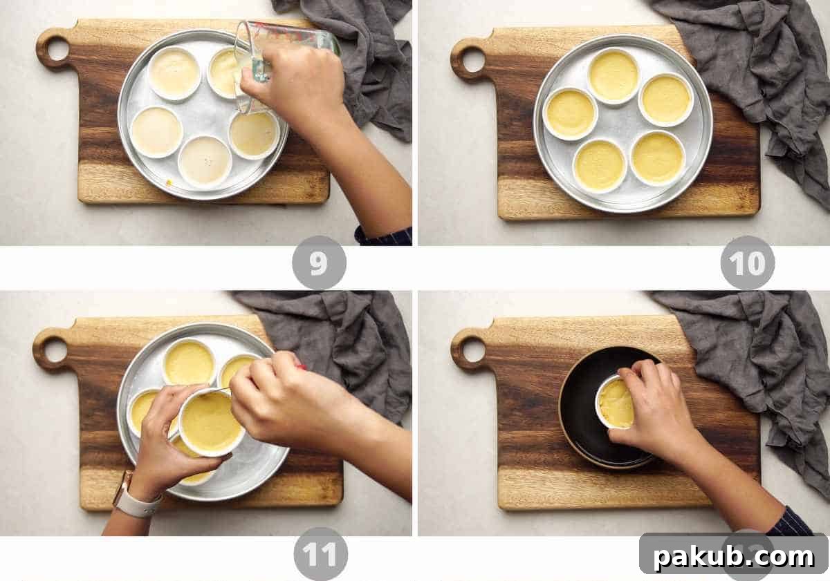 Luscious Caramel Flan 6 A third step-by-step picture collage detailing the baking process of the caramel custard in a water bath and the cooling phase.