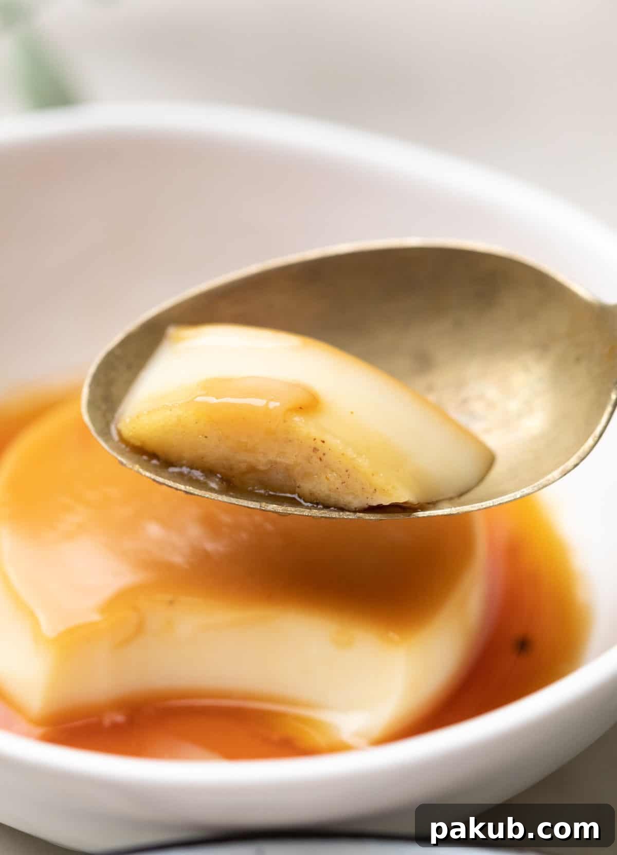 Luscious Caramel Flan 8 A close-up shot of a bite of caramel custard expertly scooped onto a gleaming steel spoon, highlighting its smooth texture and the rich caramel.
