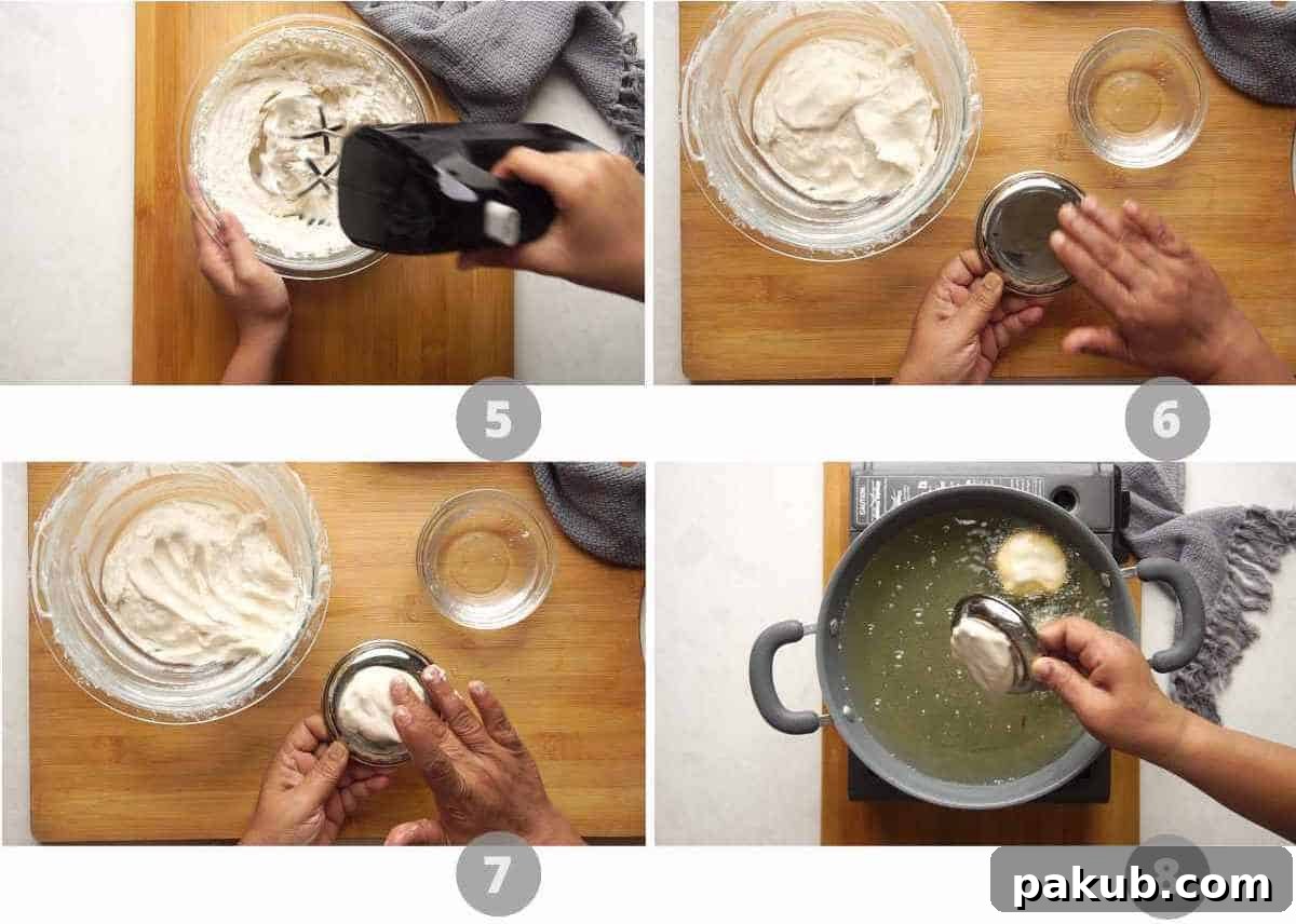 Cloud-Soft Lentil Fritters in Spiced Yogurt 6 Step by step picture collage showing the middle stages of making Dahi Vada, including frying the vadas