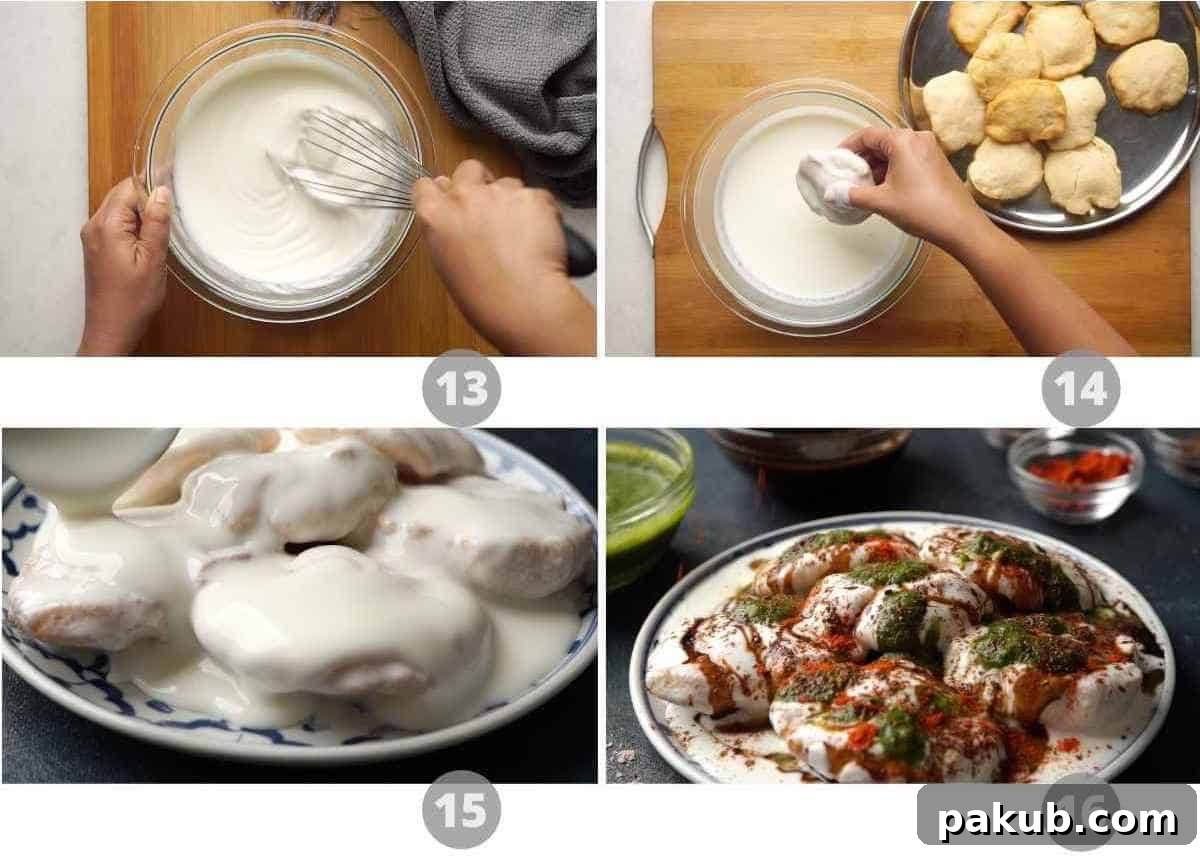 Cloud-Soft Lentil Fritters in Spiced Yogurt 8 Step by step picture collage showing the final plating of Dahi Vada with all toppings