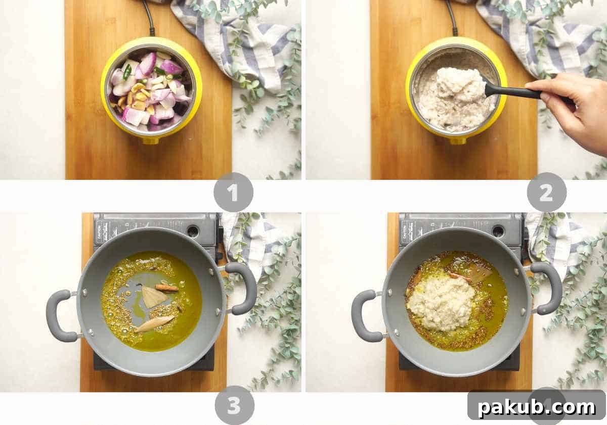 Classic Dhaba Egg Curry 4 A step-by-step pictorial guide showing the initial stages of making Dhaba Style Egg Curry, including grinding the aromatics and sautéing the onion paste until golden.