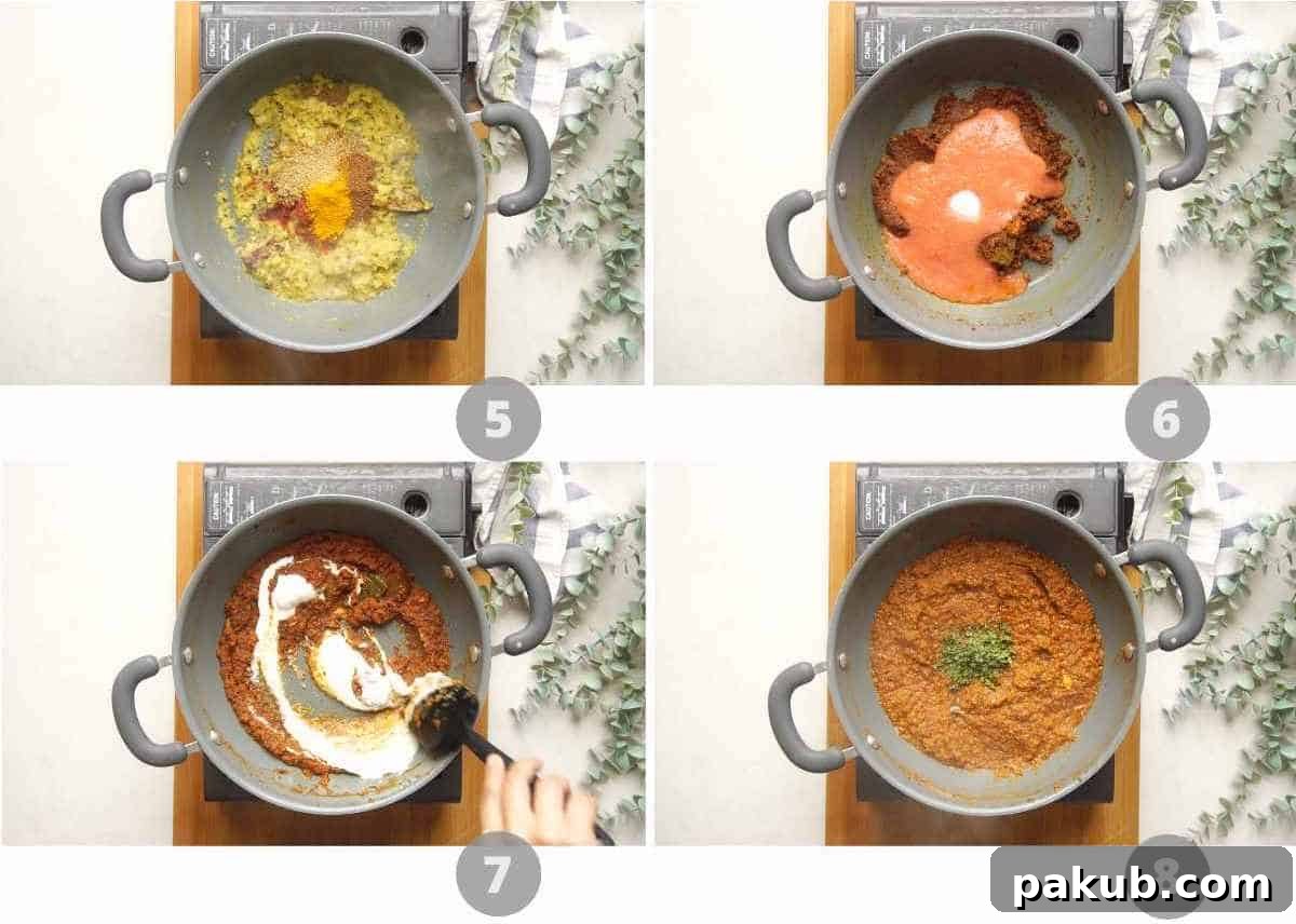 Classic Dhaba Egg Curry 5 A step-by-step pictorial guide showing the mid-stages of making Dhaba Style Egg Curry, illustrating the addition of ground spices, tomato puree, curd, and water to create a rich gravy.