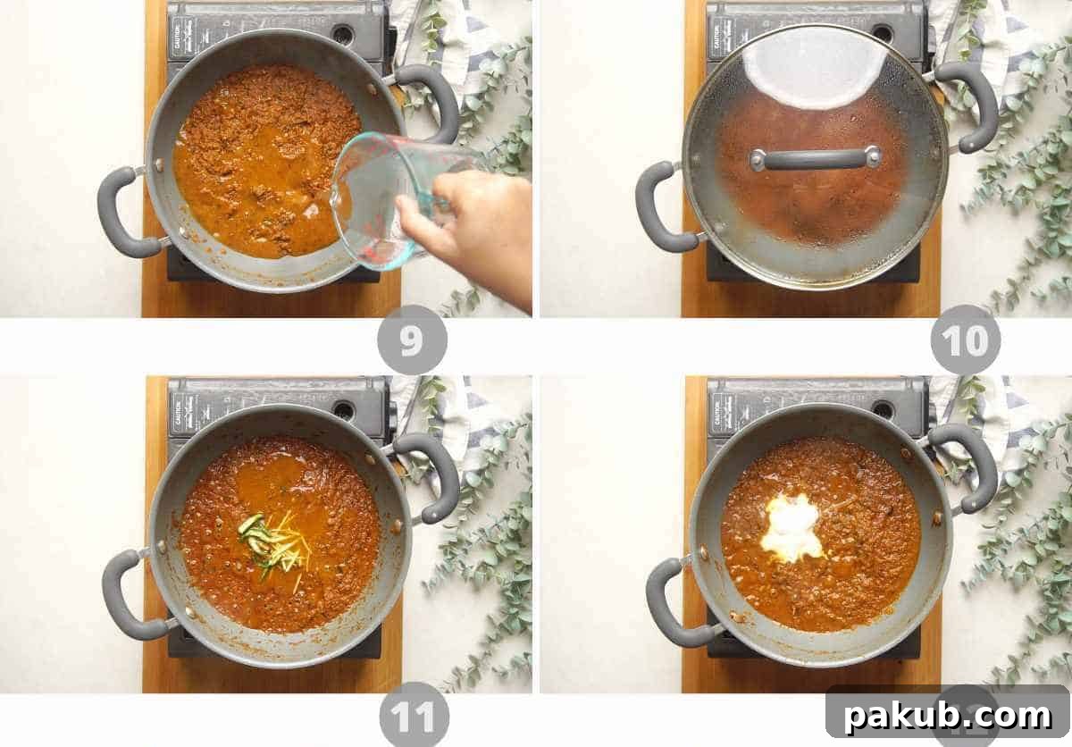 Classic Dhaba Egg Curry 6 A step-by-step pictorial guide showing the advanced stages of making Dhaba Style Egg Curry, including the simmering of the gravy until oil separates, and the addition of green chilies, ginger, and coriander.