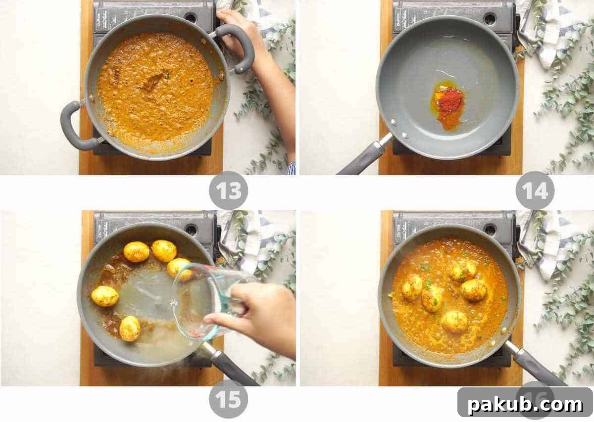 Classic Dhaba Egg Curry 7 A step-by-step pictorial guide illustrating the tempering of boiled eggs with spices in a separate pan, and then adding them to the simmering Dhaba Style Egg Curry gravy.