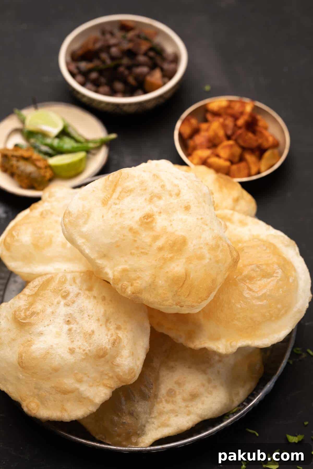 A vibrant plate featuring golden-brown Bhaturas alongside a bowl of rich chole, crispy fried potatoes, fresh green chilies, lemon wedges, and a side of pickle, inviting culinary delight.