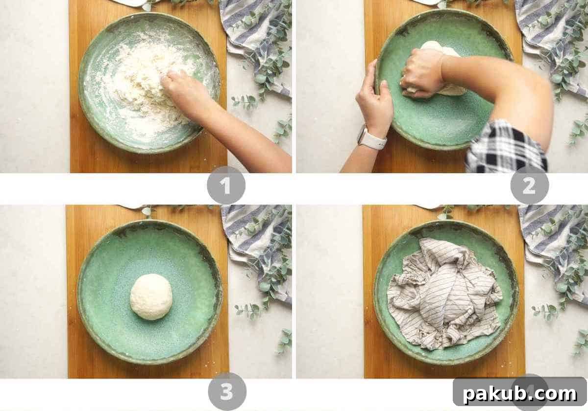 Step-by-step picture collage demonstrating the initial stages of making Bhatura dough, from combining dry ingredients and curd to the first knead and resting.