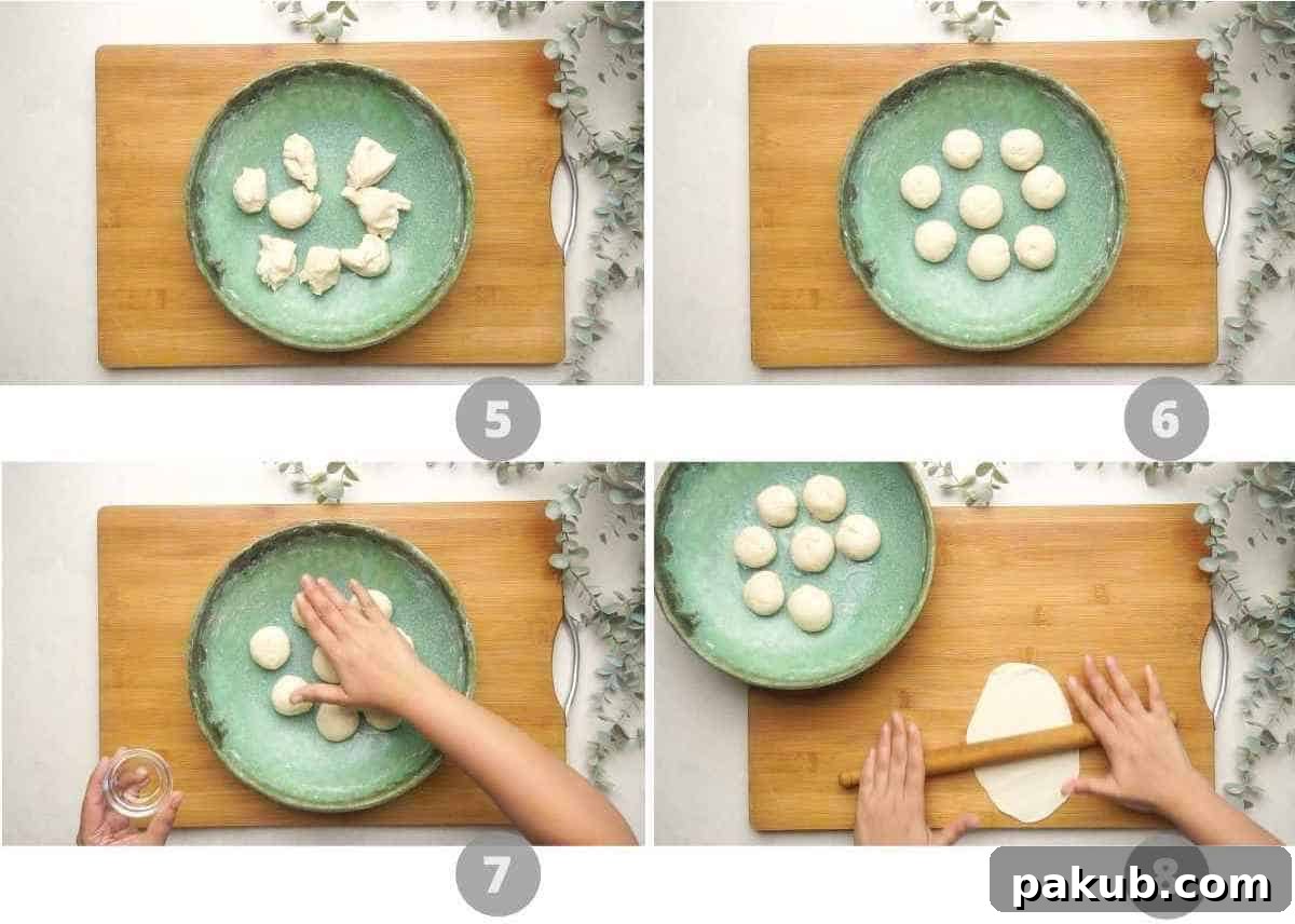 Step-by-step picture collage illustrating the middle stages of Bhatura preparation, from dough resting to dividing, shaping into balls, and the second rest.