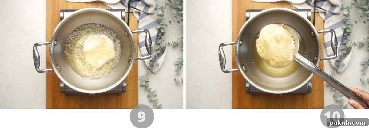 Step-by-step picture collage demonstrating the final stages of making Bhatura, focusing on the frying process in hot oil, puffing, and draining on paper towels.