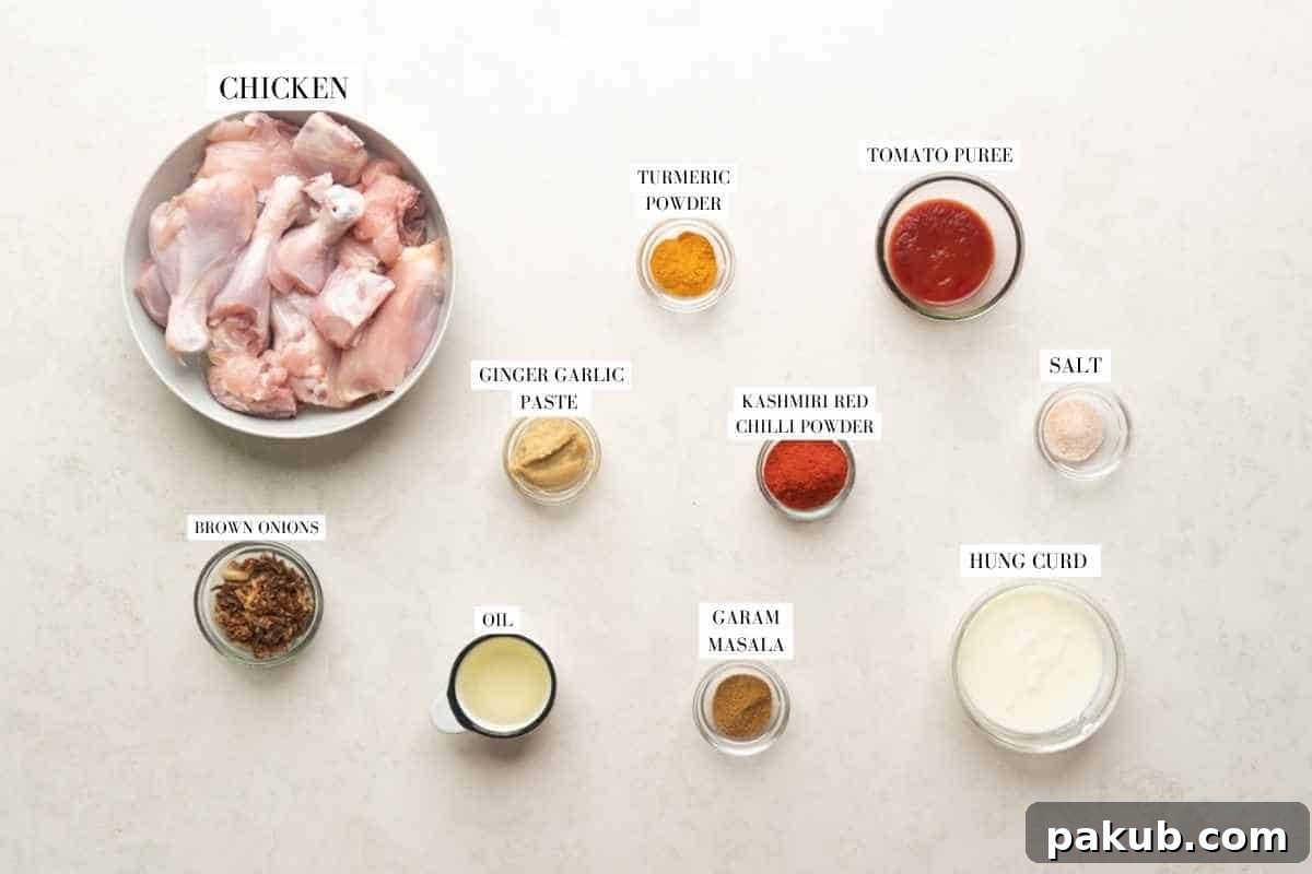 Aromatic Instant Pot Chicken Biryani 3 A vibrant flat lay image showcasing all the fresh ingredients needed for Instant Pot Chicken Biryani, clearly labeled for easy identification.