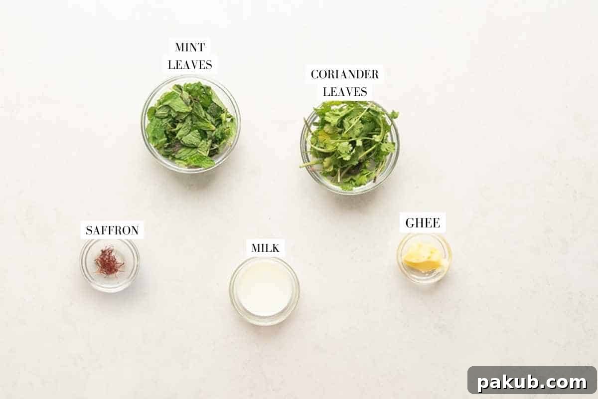Aromatic Instant Pot Chicken Biryani 5 Ingredients for layering the biryani, including saffron milk, fresh mint and coriander herbs, melted ghee, and crispy fried onions.
