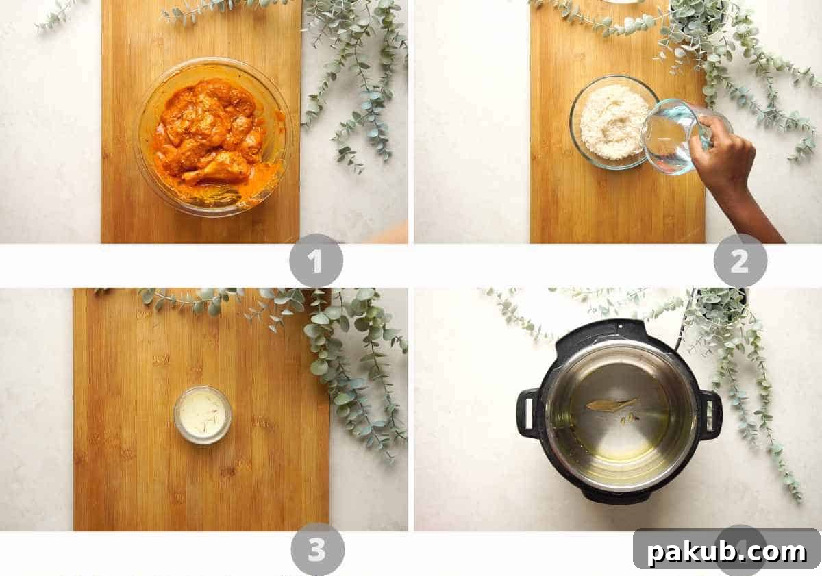 Aromatic Instant Pot Chicken Biryani 6 Step-by-step picture collage demonstrating the initial stages of preparing Instant Pot chicken biryani, from marinating the chicken to sautéing it with whole spices.
