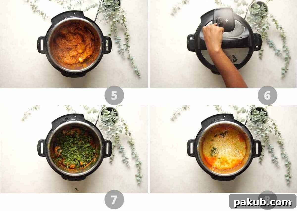 Aromatic Instant Pot Chicken Biryani 7 Step-by-step picture collage showing how to sauté the marinated chicken in the Instant Pot and prepare it for the addition of the rice layer.