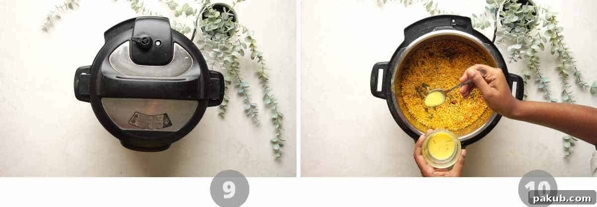Aromatic Instant Pot Chicken Biryani 8 Step-by-step picture collage illustrating the final layering, garnishing, and resting process for the Instant Pot chicken biryani before serving.