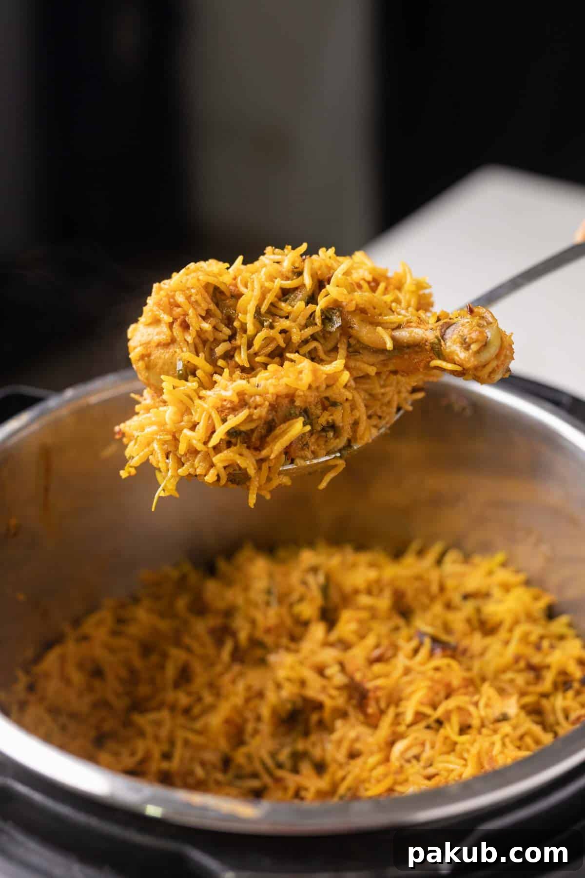 Aromatic Instant Pot Chicken Biryani 9 A close-up shot of a spoon lifting fragrant Instant Pot Chicken Biryani directly from the pot, showcasing its perfect texture and tender chicken pieces.