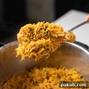 A close-up shot of a spoon lifting fragrant Instant Pot Chicken Biryani directly from the pot, showcasing its perfect texture.