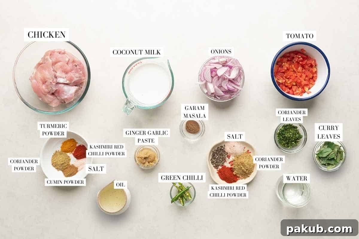 Creamy Instant Pot Coconut Chicken Curry 3 A visual guide displaying all the fresh and dry ingredients required to make a delectable Instant Pot Coconut Chicken Curry, clearly labeled for easy identification.