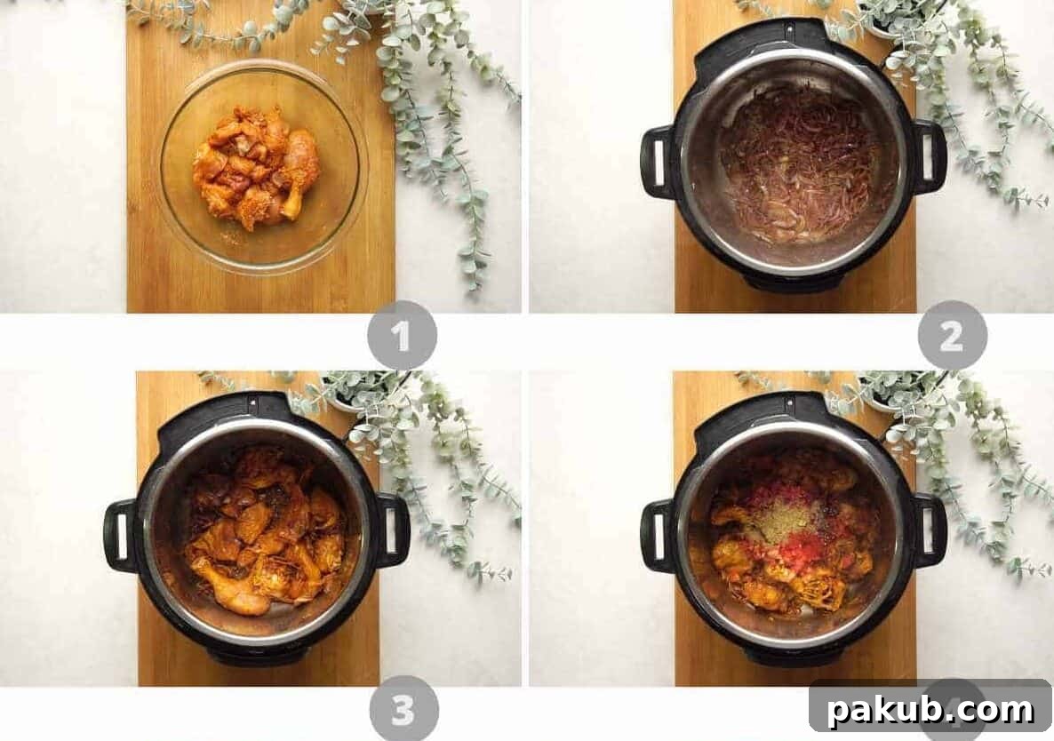 Creamy Instant Pot Coconut Chicken Curry 4 A step-by-step photographic collage illustrating the initial stages of preparing Instant Pot Coconut Chicken Curry, from marinating chicken to sautéing aromatics.