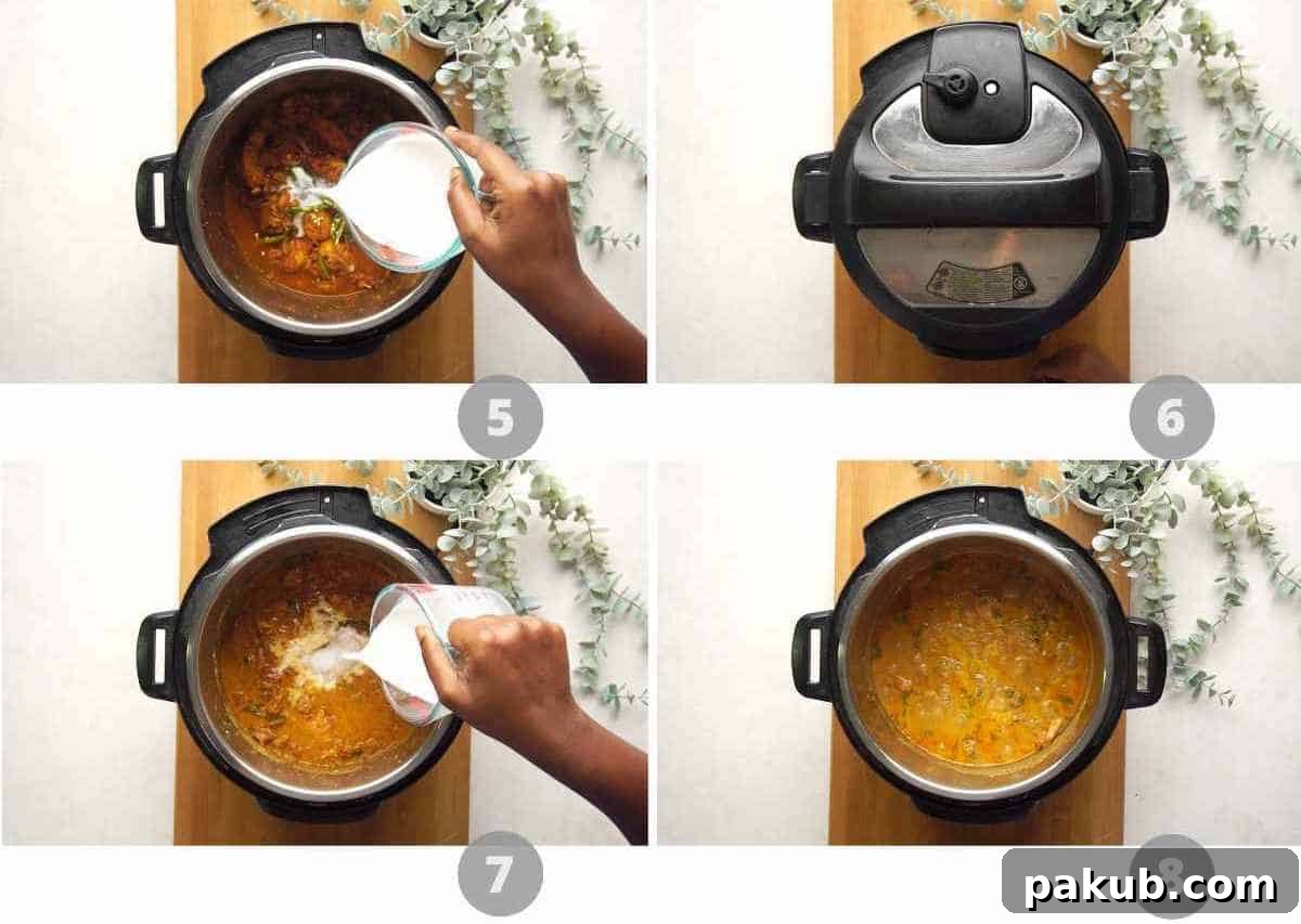 Creamy Instant Pot Coconut Chicken Curry 5 A second step-by-step photographic collage demonstrating the final stages of making Instant Pot Coconut Chicken Curry, including adding liquids, pressure cooking, and the final simmer.