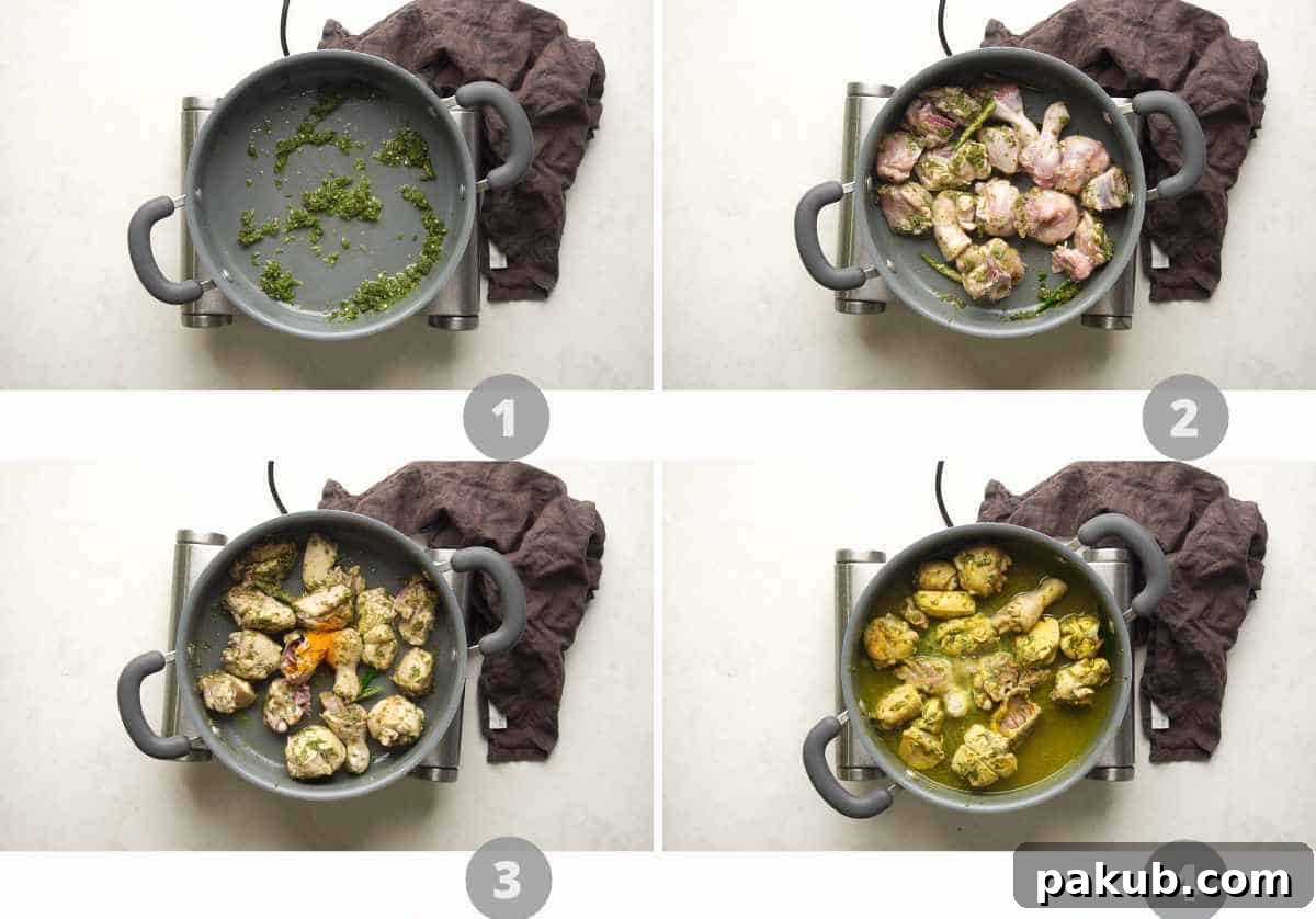 A step-by-step picture collage depicting the initial stages of cooking Andhra Chilli Chicken, showing ingredients being added to a kadai.