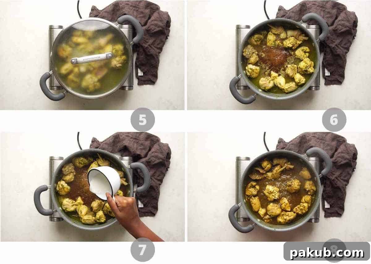 A step-by-step picture collage showing the final stages of making Andhra Chilli Chicken, including adding sauces and thickening the gravy.