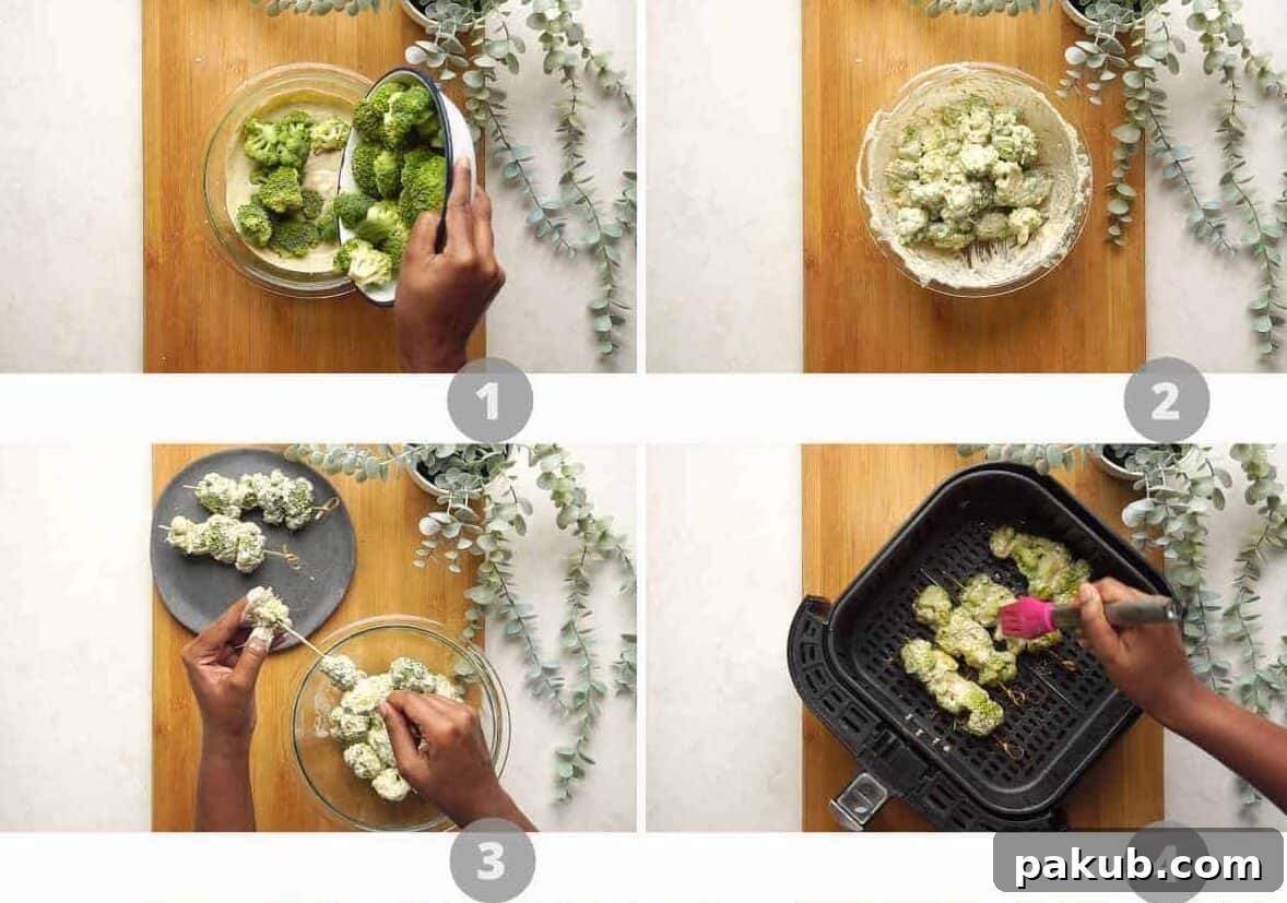 Air-Fried Malai Broccoli 5 A step-by-step photographic collage illustrating the preparation process for Malai Broccoli, from mixing the marinade to skewering the florets.