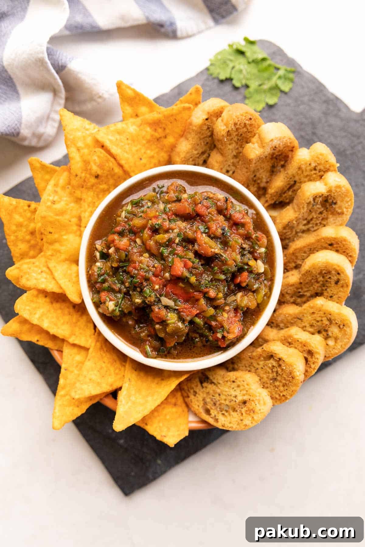 Fire-Roasted Salsa 2 Plate of nachos and crostini with a bowl of roasted tomato salsa in the middle, ready to be enjoyed.