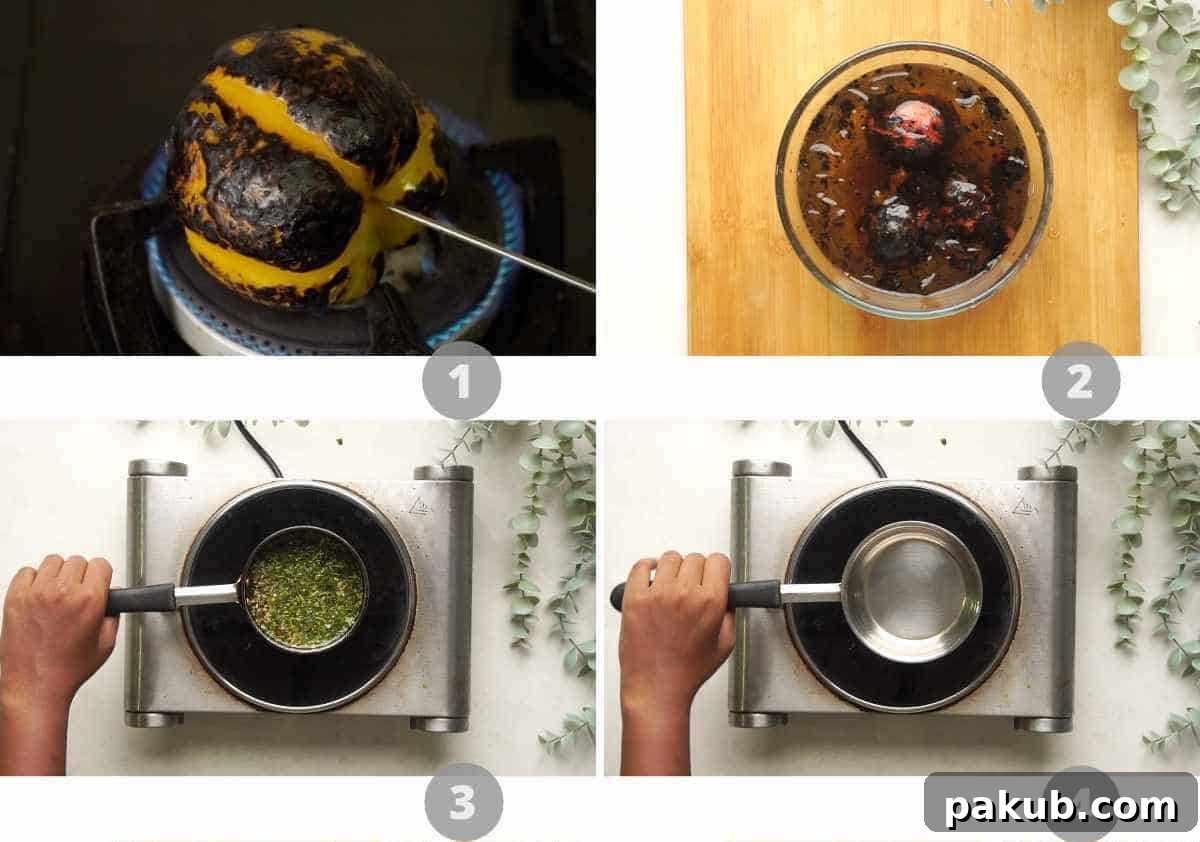 Fire-Roasted Salsa 4 Step by step image collage showing how to make roasted tomato salsa, from roasting to combining ingredients.