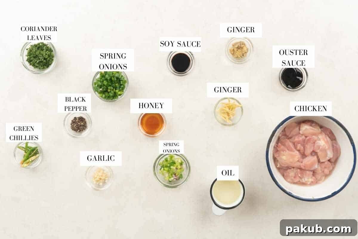 An organized display of all the fresh ingredients required to make Ginger Chicken Stir Fry, clearly labeled for easy identification.