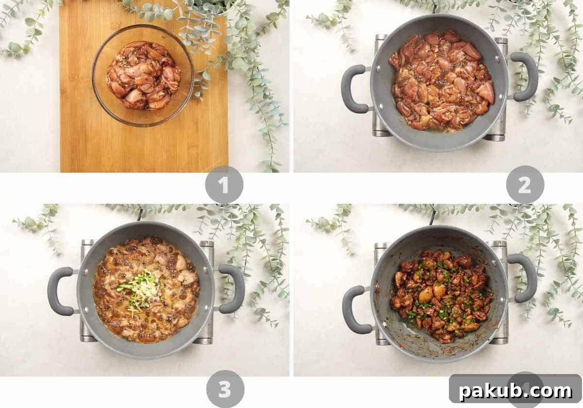 A step-by-step image collage illustrating the process of making ginger chicken stir fry, from marinating to final toss.