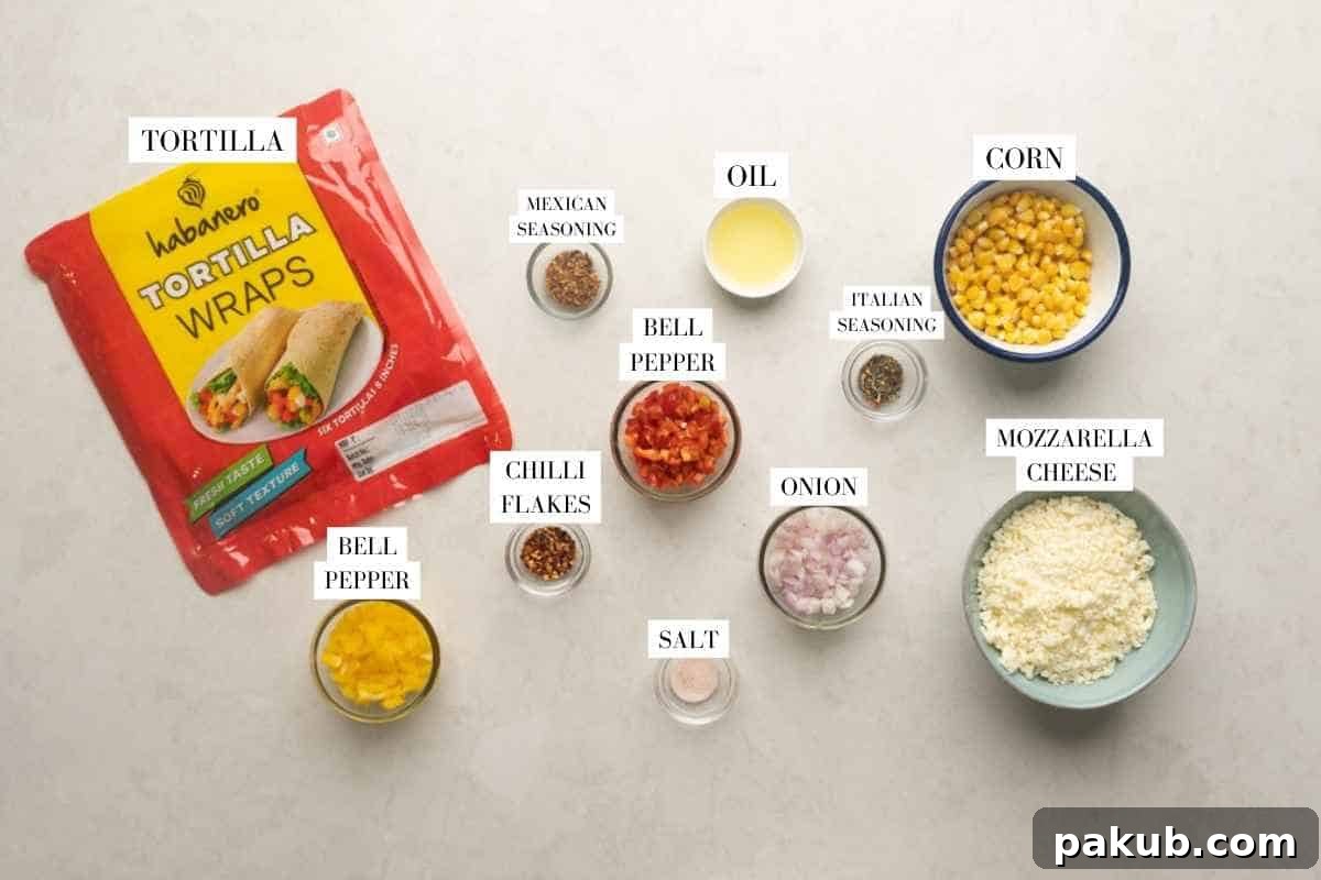 A vibrant overhead shot of all fresh ingredients laid out on a wooden board, including tortillas, colorful bell peppers, corn kernels, diced onions, a block of cheese, and various seasoning jars.