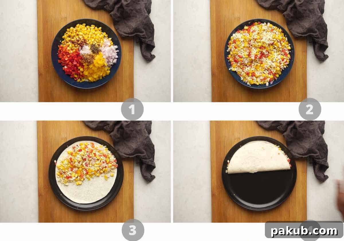 A step-by-step photo collage illustrating the process of preparing the quesadilla filling by mixing corn, bell peppers, onions, cheese, and seasonings in a bowl.