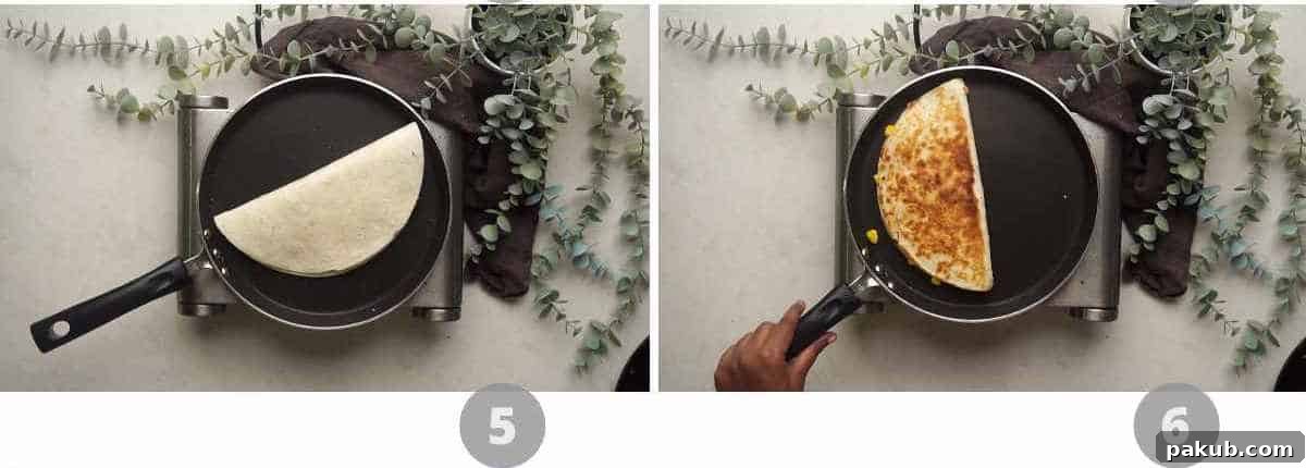 A second step-by-step photo collage showing quesadillas cooking on a griddle, with one being flipped to reveal a golden-brown, crispy surface.