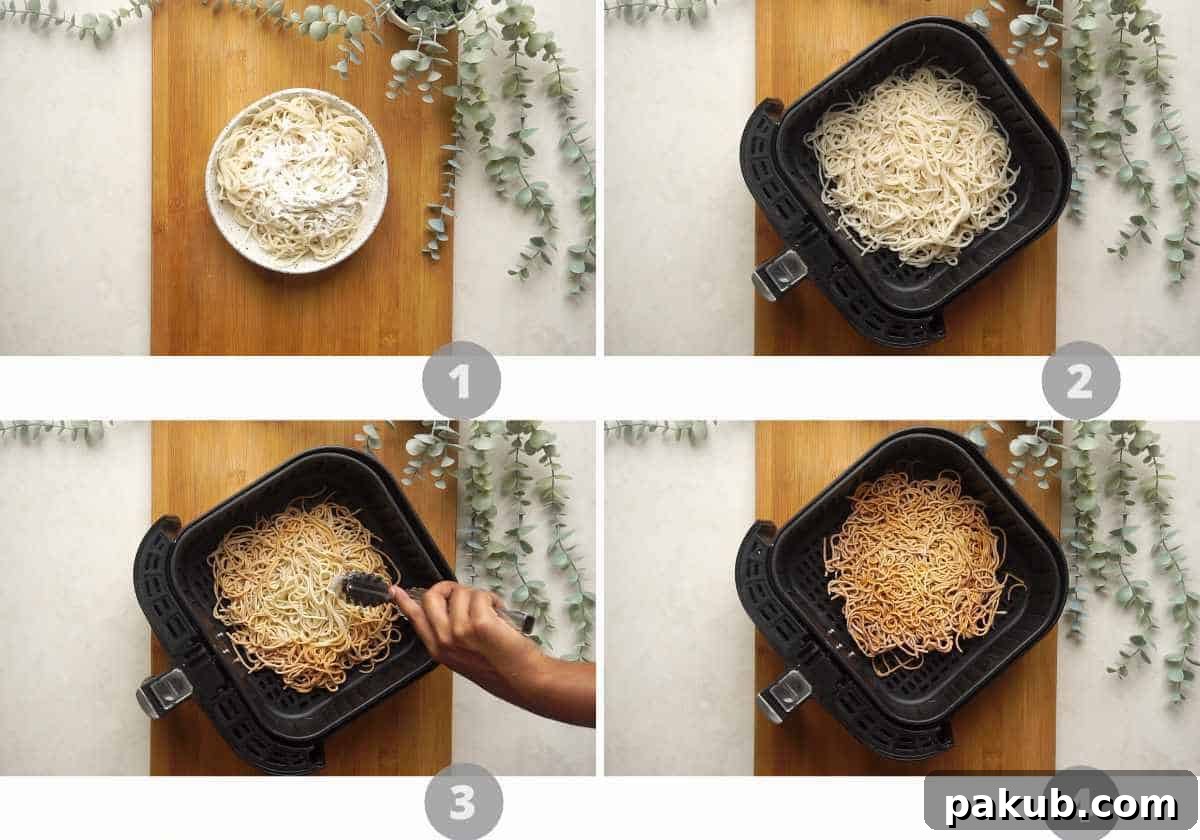 Crispy Noodle Nest with Tangy Sweet and Sour Vegetables 7 A step-by-step picture collage demonstrating how to prepare crispy noodles, including boiling, coating with corn flour, and air frying.
